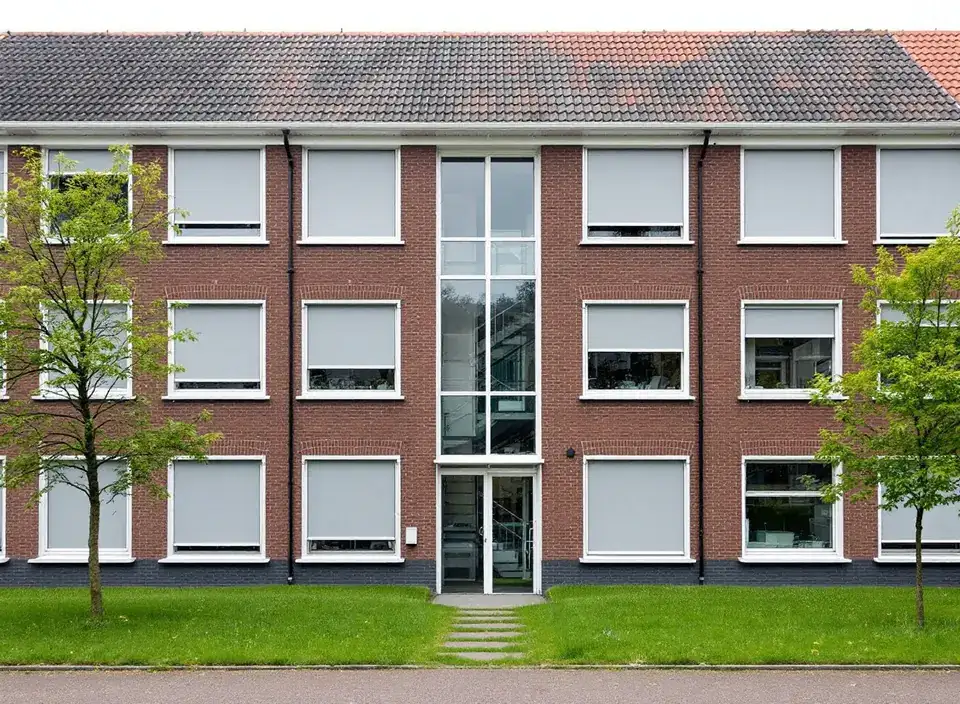 Portiekflat van baksteen recht van voren, met lichtgrijze rolluiken voor een deel van de ramen, sommige dicht en sommige open