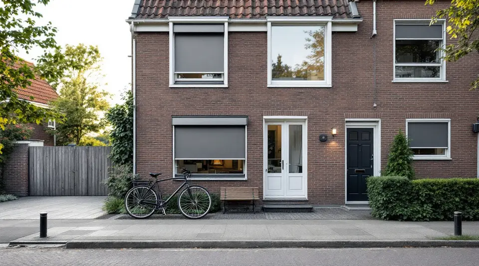 Bakstenen rijtjeshuis met grijze rolluiken half dicht voor de ramen beneden, een fiets tegen de gevel