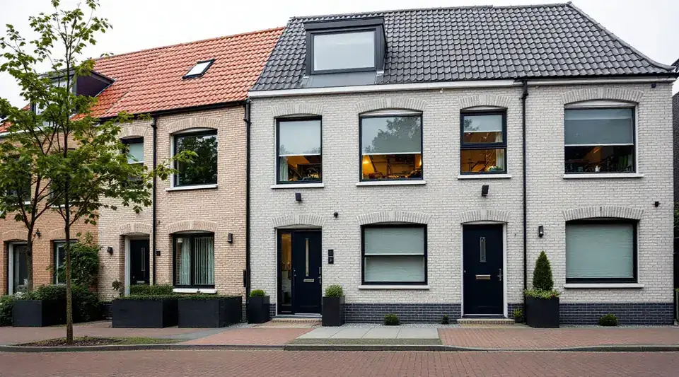 Nieuwbouwwoningen van lichte baksteen met rolluiken waarvan de kast in de gevel zit