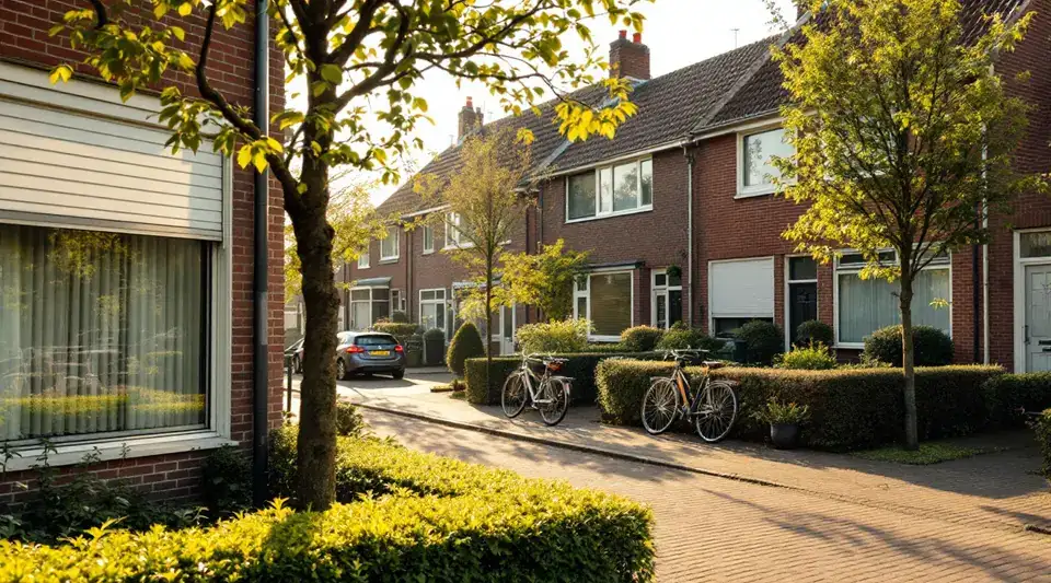 Woonstraat met bakstenen rijtjeshuizen, lage heggen en fietsen, met rolluiken voor een paar ramen