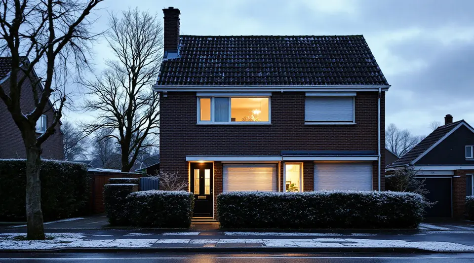 Twee-onder-een-kapwoning op een winteravond met gesloten rolluiken beneden en rijp op de heg